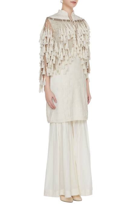 Rina Dhaka_Beige Sheer Net Pamban Tassel Jacket_Online_at_Aza_Fashions