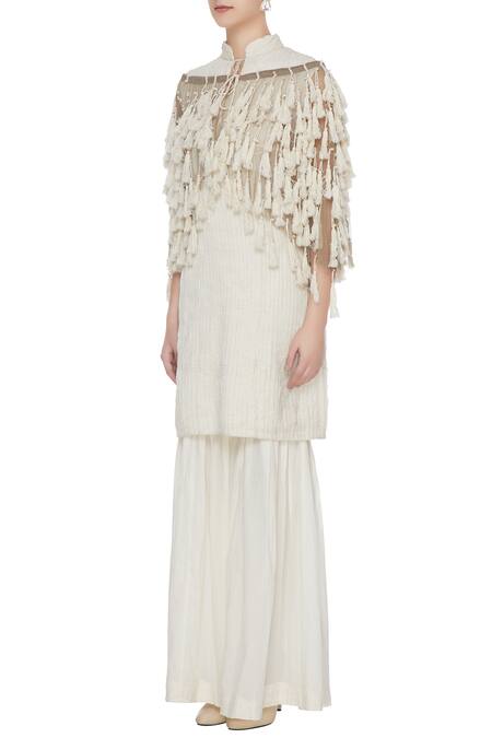 Buy_Rina Dhaka_Beige Sheer Net Pamban Tassel Jacket_Online_at_Aza_Fashions