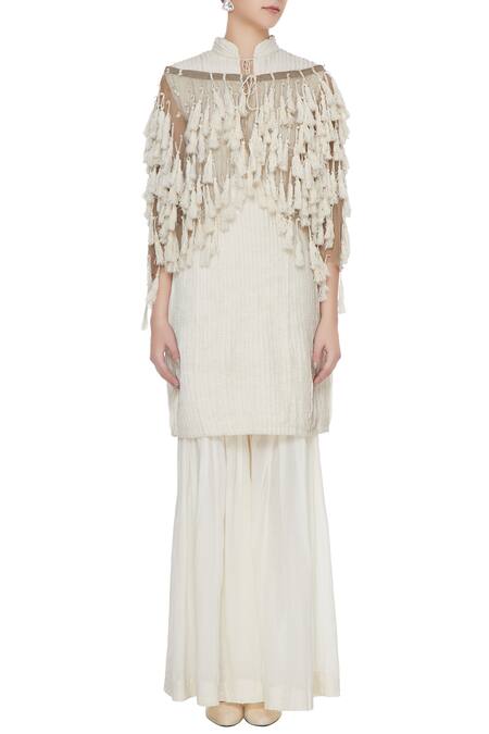 Shop_Rina Dhaka_Beige Sheer Net Pamban Tassel Jacket_Online_at_Aza_Fashions