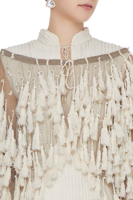 Rina Dhaka_Beige Sheer Net Pamban Tassel Jacket_at_Aza_Fashions