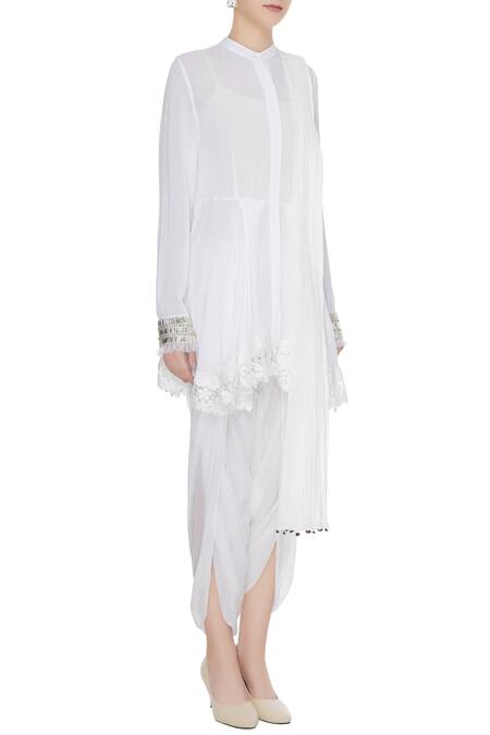Rina Dhaka_White Cotton Embroidered Kurta And Dhoti Pant Set_Online_at_Aza_Fashions