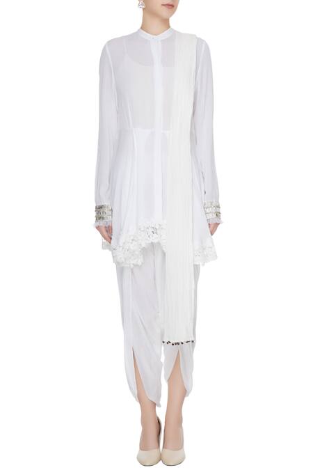 Shop_Rina Dhaka_White Cotton Embroidered Kurta And Dhoti Pant Set_Online_at_Aza_Fashions