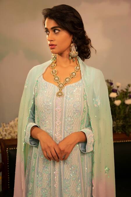 Buy_Ruh Clothing_Blue Georgette Bead Work, Chikankari, Sequins, Stone Embroidered Anarkali Set _Online_at_Aza_Fashions
