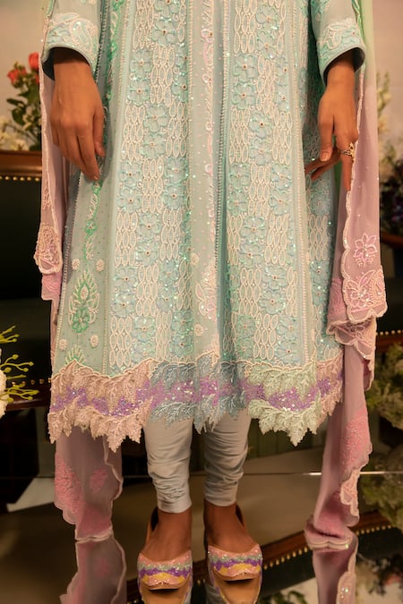 Ruh Clothing_Blue Georgette Bead Work, Chikankari, Sequins, Stone Embroidered Anarkali Set _at_Aza_Fashions