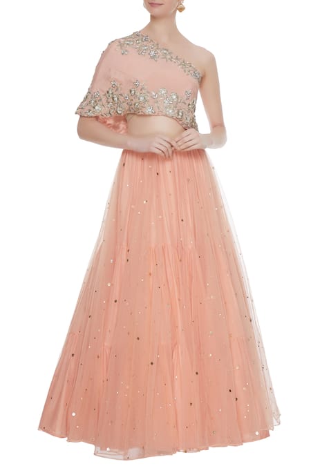 Divya Kanakia Peach Lehenga Net Embroidered Mukaish One Shoulder Blouse And Set 