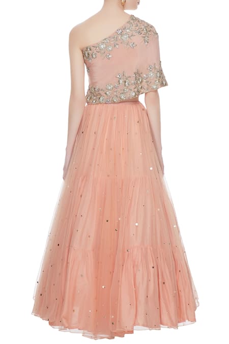 Shop_Divya Kanakia_Peach Blouse Crepe Silk, Lehenga Net Badla, Mukaish One Embroidered And Set _at_Aza_Fashions