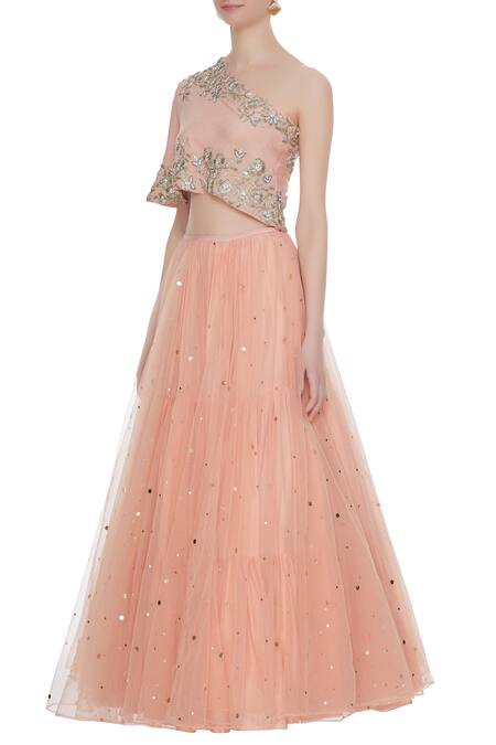 Buy_Divya Kanakia_Peach Blouse Crepe Silk, Lehenga Net Badla, Mukaish One Embroidered And Set _Online_at_Aza_Fashions