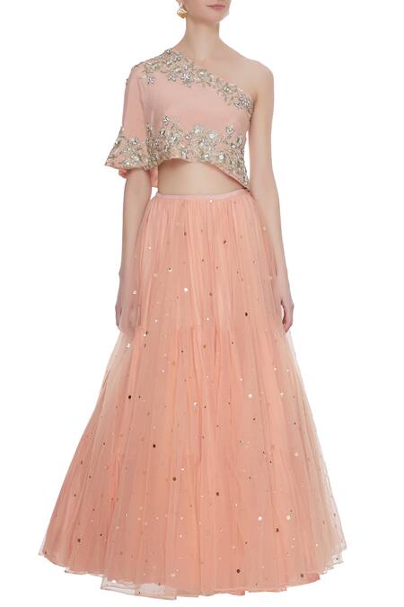 Shop_Divya Kanakia_Peach Blouse Crepe Silk, Lehenga Net Badla, Mukaish One Embroidered And Set _Online_at_Aza_Fashions