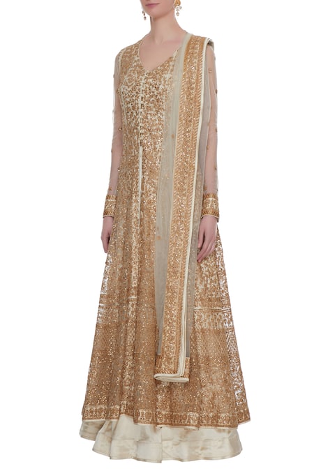 Buy_Vandana Sethi_White Embroidered Kurta Lehenga Set_Online_at_Aza_Fashions