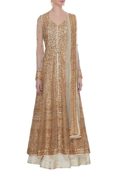 Shop_Vandana Sethi_White Embroidered Kurta Lehenga Set_Online_at_Aza_Fashions