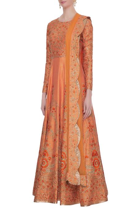 Buy_Vandana Sethi_Peach Round Embroidered Anarkali With Dupatta_Online_at_Aza_Fashions