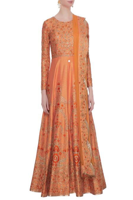 Shop_Vandana Sethi_Peach Round Embroidered Anarkali With Dupatta_Online_at_Aza_Fashions