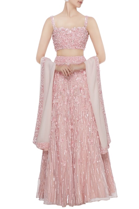 Nadine Dhody Pink Hand Embroidered Bustier Blouse With Lehenga And Dupatta Set