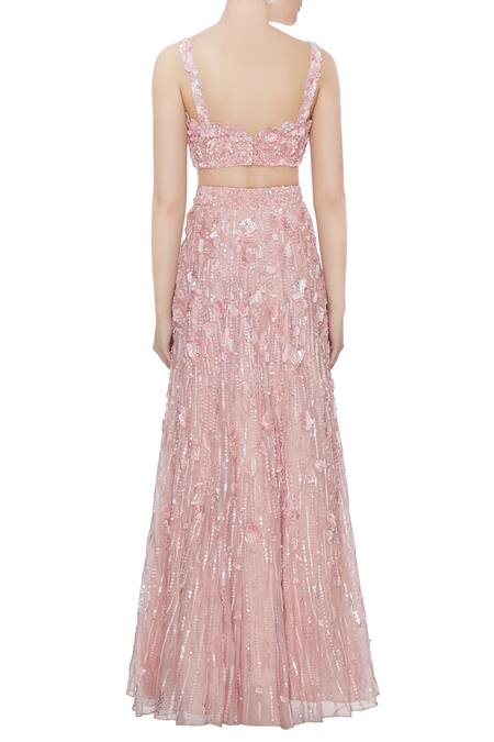 Shop_Nadine Dhody_Pink Hand Embroidered Bustier Blouse With Lehenga And Dupatta Set_at_Aza_Fashions