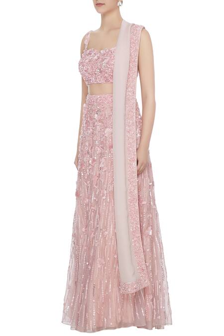 Buy_Nadine Dhody_Pink Hand Embroidered Bustier Blouse With Lehenga And Dupatta Set_Online_at_Aza_Fashions
