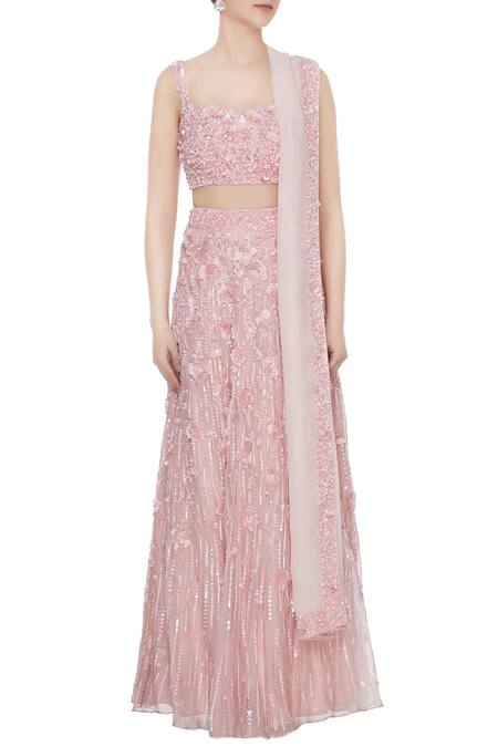 Shop_Nadine Dhody_Pink Hand Embroidered Bustier Blouse With Lehenga And Dupatta Set_Online_at_Aza_Fashions
