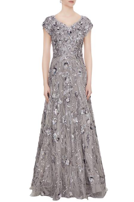 Shop_Nadine Dhody_Silver Embellished Gown_Online_at_Aza_Fashions