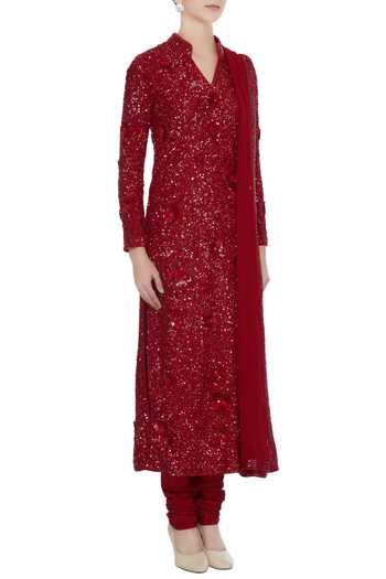 Nadine Dhody_Red Sequin Kurta With Churidar And Dupatta_Online_at_Aza_Fashions