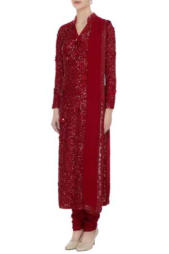Buy_Nadine Dhody_Red Sequin Kurta With Churidar And Dupatta_Online_at_Aza_Fashions