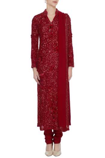 Shop_Nadine Dhody_Red Sequin Kurta With Churidar And Dupatta_Online_at_Aza_Fashions