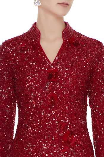 Nadine Dhody_Red Sequin Kurta With Churidar And Dupatta_at_Aza_Fashions