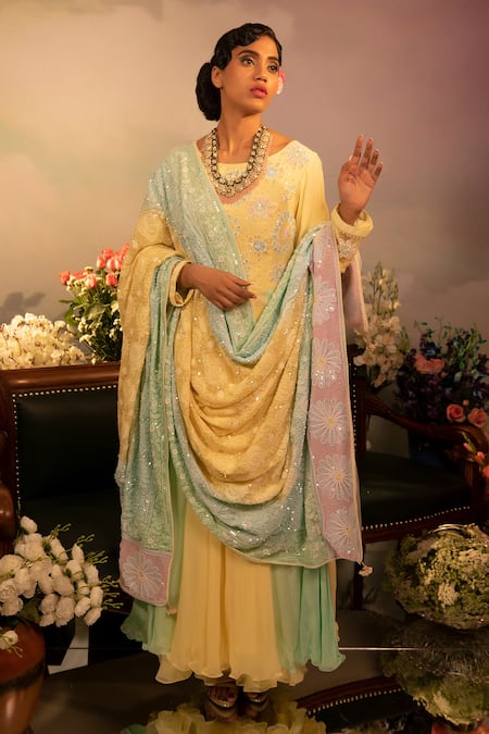 Ruh Clothing Yellow Georgette Bead , Chikankari, Sequins, Stone Ombre Anarkali Set Online at Aza Fashions Ruh Clothing_Yellow Georgette Bead , Chikankari, Sequins, Stone Ombre Anarkali Set _Online_at_Aza_Fashions