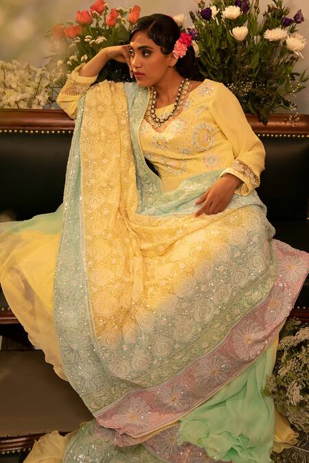 Buy Ruh Clothing Yellow Georgette Bead , Chikankari, Sequins, Stone Ombre Anarkali Set Online at Aza Fashions Buy_Ruh Clothing_Yellow Georgette Bead , Chikankari, Sequins, Stone Ombre Anarkali Set _Online_at_Aza_Fashions