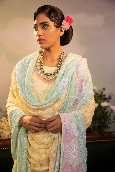 Shop Ruh Clothing Yellow Georgette Bead , Chikankari, Sequins, Stone Ombre Anarkali Set Online at Aza Fashions Shop_Ruh Clothing_Yellow Georgette Bead , Chikankari, Sequins, Stone Ombre Anarkali Set _Online_at_Aza_Fashions