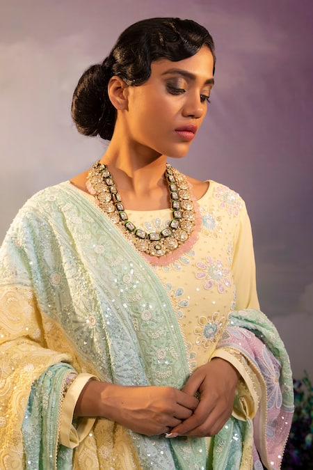 Ruh Clothing Yellow Georgette Bead , Chikankari, Sequins, Stone Ombre Anarkali Set at Aza Fashions Ruh Clothing_Yellow Georgette Bead , Chikankari, Sequins, Stone Ombre Anarkali Set _at_Aza_Fashions
