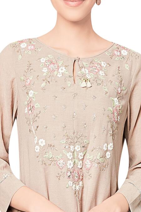 Anita Dongre_Grey Cotton Georgette Embroidered Ishira Tunic_Online_at_Aza_Fashions