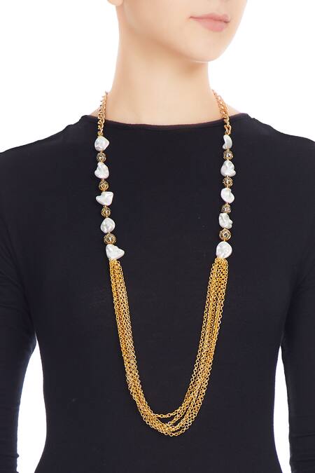 Designer Pearl Long golden layered necklace at ₹4500 | Azilaa