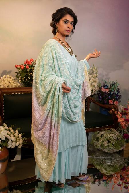 Ruh Clothing Blue Georgette Bead , Chikankari, Sequins, Stone Round Sharara Set Online at Aza Fashions Ruh Clothing_Blue Georgette Bead , Chikankari, Sequins, Stone Round Sharara Set _Online_at_Aza_Fashions