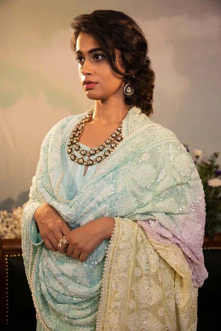 Buy Ruh Clothing Blue Georgette Bead , Chikankari, Sequins, Stone Round Sharara Set Online at Aza Fashions Buy_Ruh Clothing_Blue Georgette Bead , Chikankari, Sequins, Stone Round Sharara Set _Online_at_Aza_Fashions