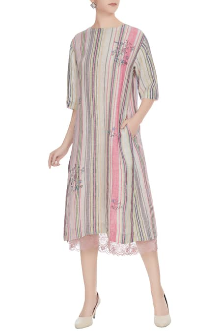 Eka Multi Color Multi-colored Linen Handwoven Striped Midi Dress