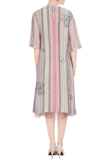 Shop Eka Multi Color Multi-colored Linen Handwoven Striped Midi Dress at Aza Fashions Shop_Eka_Multi Color Multi-colored Linen Handwoven Striped Midi Dress_at_Aza_Fashions