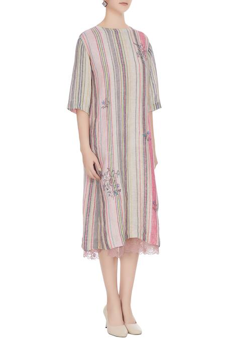 Eka Multi Color Multi-colored Linen Handwoven Striped Midi Dress Online at Aza Fashions Eka_Multi Color Multi-colored Linen Handwoven Striped Midi Dress_Online_at_Aza_Fashions