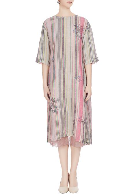 Shop Eka Multi Color Multi-colored Linen Handwoven Striped Midi Dress Online at Aza Fashions Shop_Eka_Multi Color Multi-colored Linen Handwoven Striped Midi Dress_Online_at_Aza_Fashions