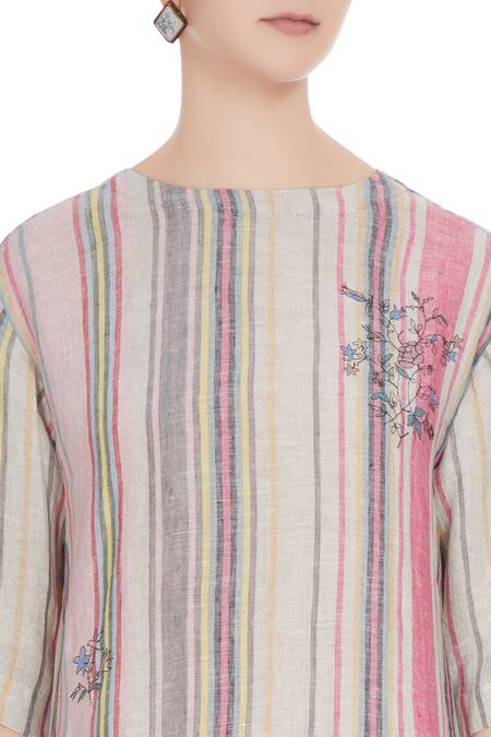 Eka Multi Color Multi-colored Linen Handwoven Striped Midi Dress at Aza Fashions Eka_Multi Color Multi-colored Linen Handwoven Striped Midi Dress_at_Aza_Fashions