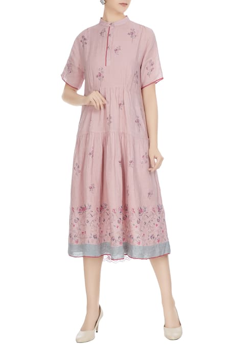 Eka Pink Linen Floral Hand Block Print Midi Dress