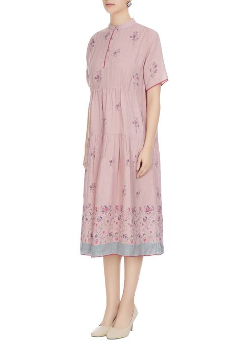 Buy_Eka_Pink Linen Floral Hand Block Print Midi Dress_Online_at_Aza_Fashions