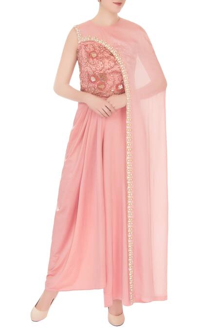 Nidzign Couture Pink Crepe Georgette Asymmetric Top And Draped Pant Set For Women