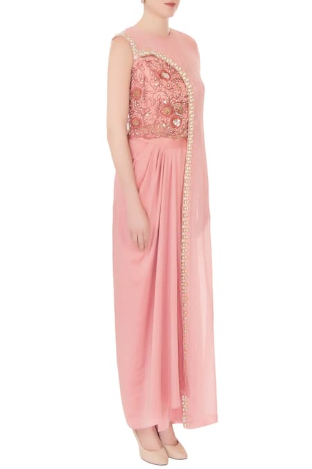 Nidzign Couture_Pink Crepe Georgette Asymmetric Top And Draped Pant Set _Online_at_Aza_Fashions