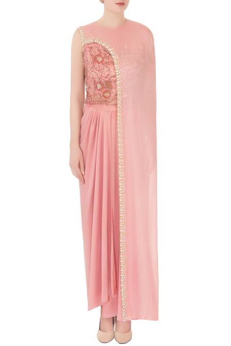 Shop_Nidzign Couture_Pink Crepe Georgette Asymmetric Top And Draped Pant Set _Online_at_Aza_Fashions