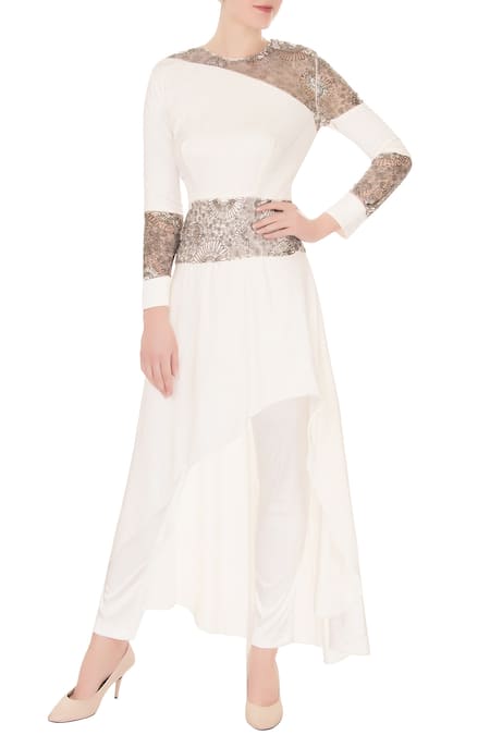 Nidzign Couture Off White Soft Lycra Round Embroidered Asymmetric Tunic And Churidar For Women