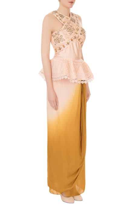 Nidzign Couture_Yellow Raw Silk, Organza, Crepe Abstract, Floral Embellished Blouse And Skirt Set _Online_at_Aza_Fashions