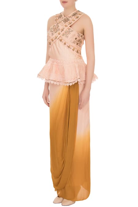 Buy_Nidzign Couture_Yellow Raw Silk, Organza, Crepe Abstract, Floral Embellished Blouse And Skirt Set _Online_at_Aza_Fashions