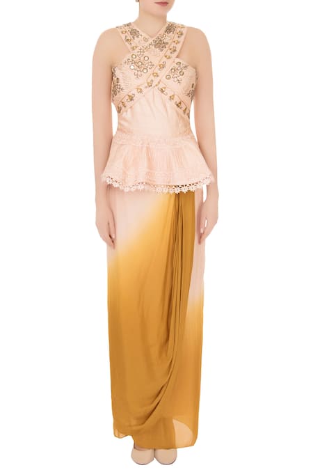 Shop_Nidzign Couture_Yellow Raw Silk, Organza, Crepe Abstract, Floral Embellished Blouse And Skirt Set _Online_at_Aza_Fashions