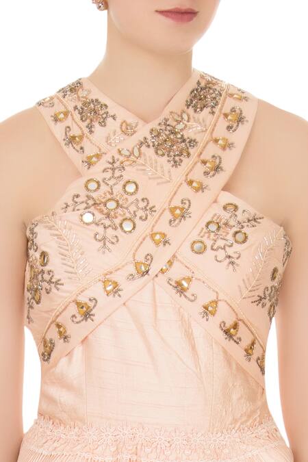 Nidzign Couture_Yellow Raw Silk, Organza, Crepe Abstract, Floral Embellished Blouse And Skirt Set _at_Aza_Fashions