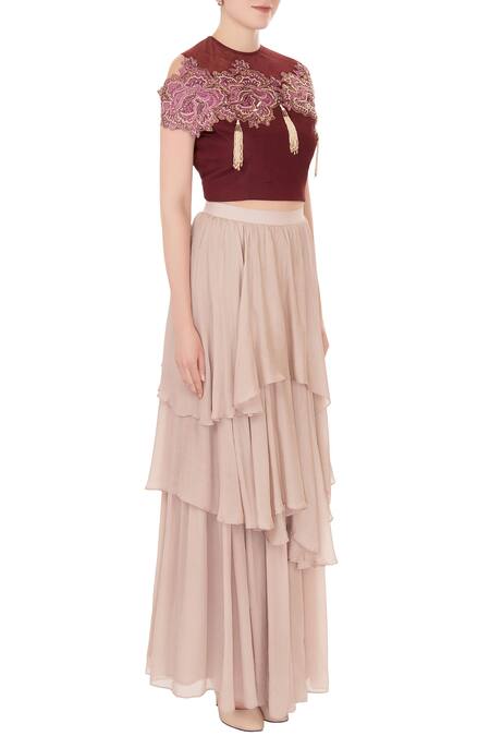 Nidzign Couture_Red Crepe Georgette Round Embellished Crop Top And Skirt Set _Online_at_Aza_Fashions