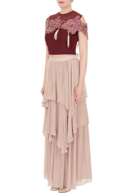 Buy_Nidzign Couture_Red Crepe Georgette Round Embellished Crop Top And Skirt Set _Online_at_Aza_Fashions